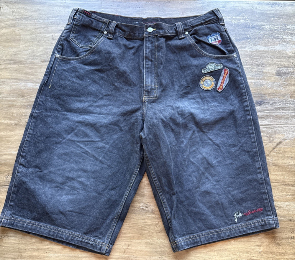 Vintage FUBU Black Jean Shorts Mens 40 Baggy 90s Y2K Hip Hop 15in Patches